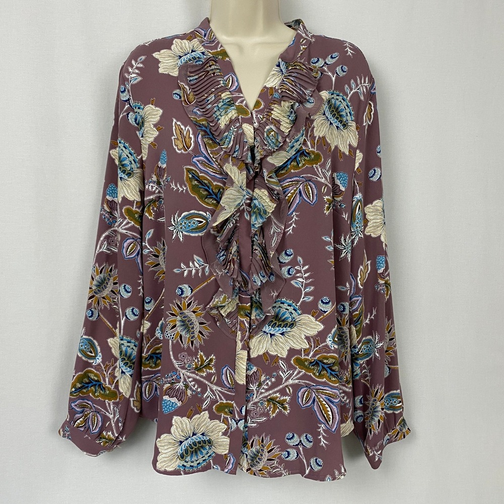 Chicos Floral Ruffle Button Up Blouse Size 1 M Mauve Crepe Boho Romantic Office